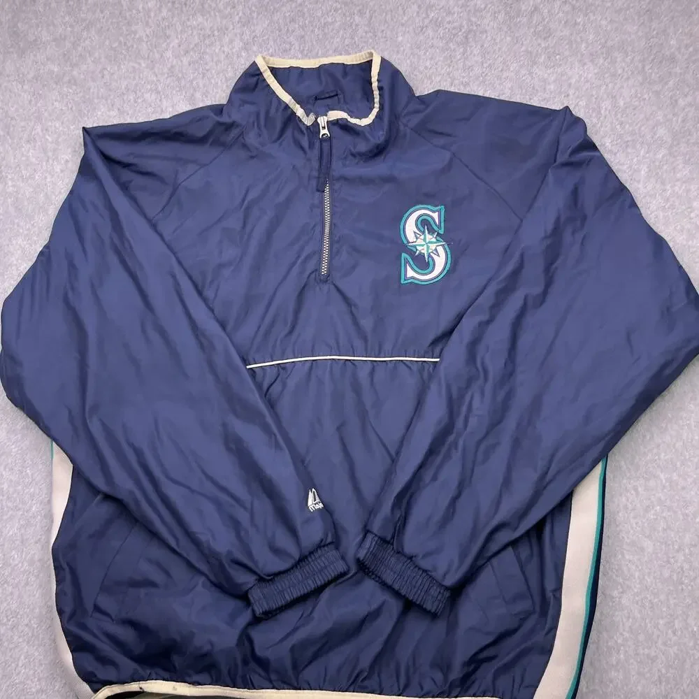 VTG Seattle‎ Mariners Majestic Pullover Jacket Windbreaker XL Blue 1/4 Zip MLB